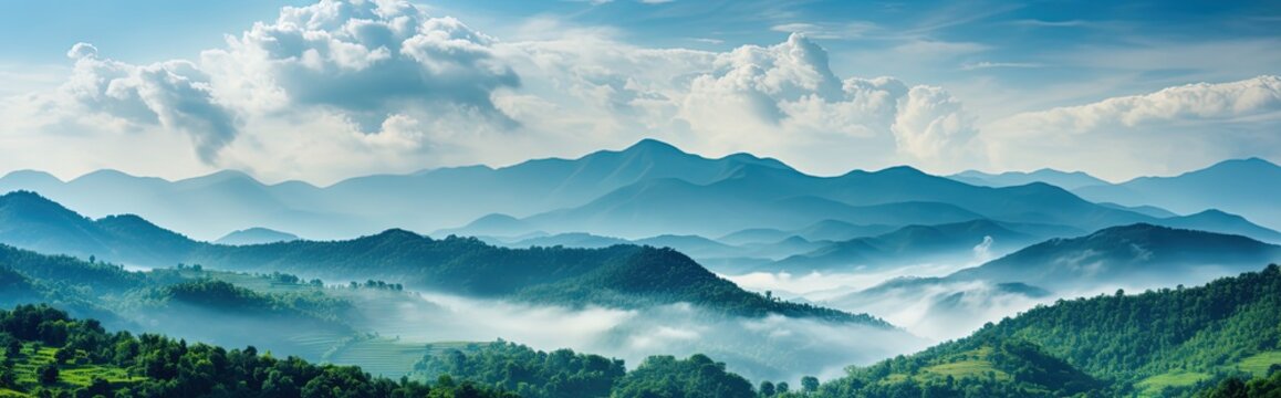 photo of Breathtaking panorama of foggy morning in mountains summit. Natural green scenery of cloud and mountain slopes background.