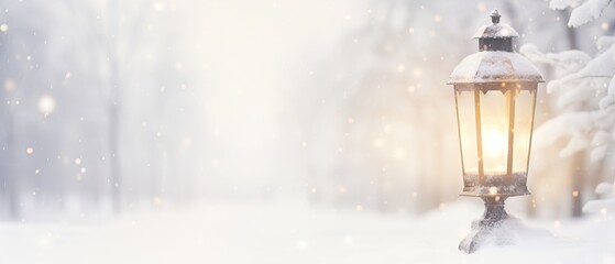 Fototapeta na wymiar Warm light of a lantern shining softly amidst a snowy winter wonderland