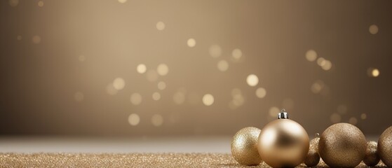 Golden Christmas baubles on glittering background with bokeh lights