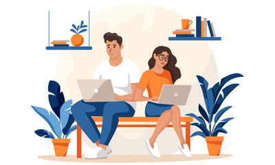 Flat vector illustration. Young people girl and guy working with laptops at home. . Vector illustration