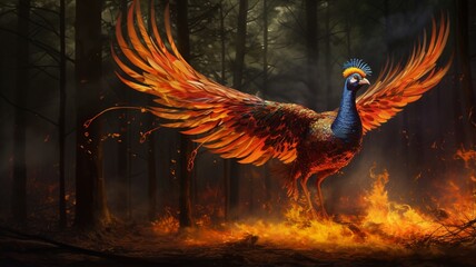 Fire pheasant is jumping in the forest with beautiful idols Ai generated Attractive art