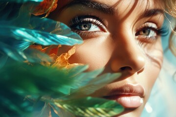  photography of beautiful woman and the spectacular colourful nature,withl big green eyes - Powered by Adobe