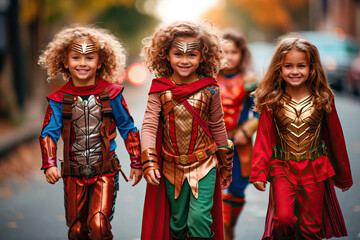 Naklejka premium Group of small children dressed as superheroes on carnival day
