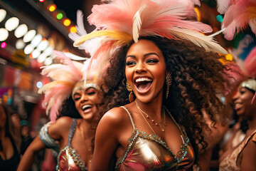 Young women dancing and enjoying the Carnival in Brazil - obrazy, fototapety, plakaty