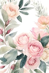 Watercolor Painting Banner, Background. Breathtaking Bouquet Of Delicate Pink Flowers, Roses, And Lush Eucalyptus Greenery. 