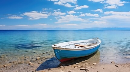 Fototapeta na wymiar Natural landscape for summer vacation. White Boat in turquoise ocean water with blue sky white clouds.