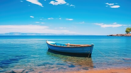 Naklejka premium Natural landscape for summer vacation. White Boat in turquoise ocean water with blue sky white clouds.