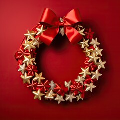 Christmas wreath with golden stars on a red background. Christmas holidays. Generative AI.