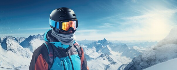 Fototapeta na wymiar A young man with a helmet and ski goggles, snowy mountains in the background. Generative AI.