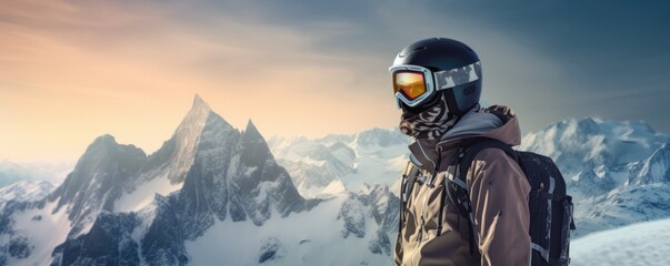 A young man with a helmet and ski goggles, snowy mountains in the background. Generative AI. - obrazy, fototapety, plakaty
