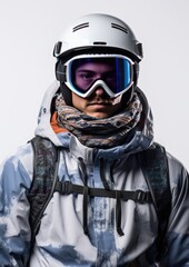 A young man with a helmet and ski goggles, snowy mountains in the background. Generative AI.