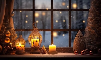 New Year atmosphere (mood) near the window with candles and lights. Christmas toys, festive background, AI generator