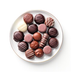 Top view of plate with different chocolate candies on white background.