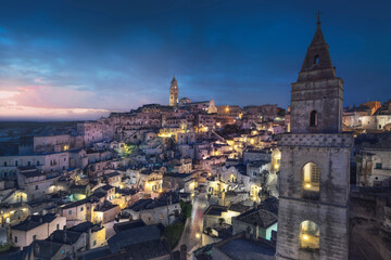 Fototapeta na wymiar Blue hour over the Sassi of Matera at sunrise. Basilicata, Italy.