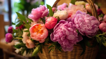 Bouquet of peonies. Beautiful Peonies. Springtime Concept. Mothers Day Concept with a Copy Space. Valentine's Day.