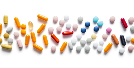 pills and capsules on white background, top view