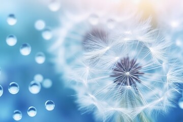 close up macro photo Beautiful dew drops on a dandelion seed. Beautiful blue background.