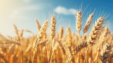 Fototapeta premium Harvest Time Concept. Close-up photo Of Ripe Golden Wheat With Vintage Effect Background