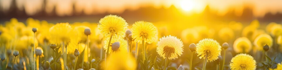 close-up macro dandelion flowers on meadow in nature in summer at sunset sunrise. Ultra wide banner format.