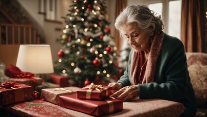 Obraz na płótnie Canvas senior female unwrapping gift on christmas eve at home 