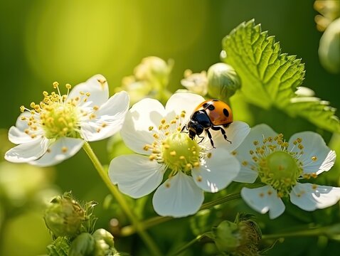 Beautiful close up of ladybug and white forest flowers in spring sunlight background