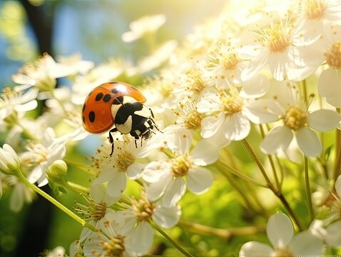 Beautiful close up of ladybug and white forest flowers in spring sunlight background