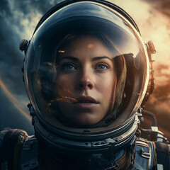 Close up portrait of young woman astronaut in protective spacesuit. Created with generative AI.