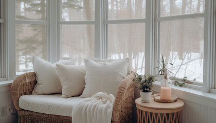 Winter cozy nook with pillows and a view of snowy landscape