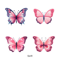 Set of vector butterflies in soft and pastel pink colors. A collection of colorful butterfly clipart.