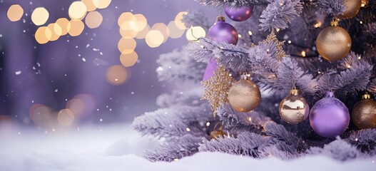closeup Christmas tree in winter snow fall night decorated with gold  and purple Christmas globes,...