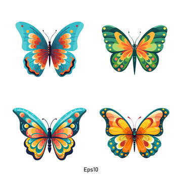 Collection of vibrant vivid color butterfly vectors. Colorful clipart set featuring various butterfly illustrations.