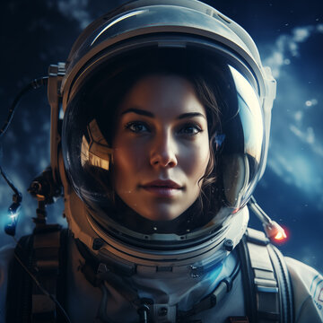 Close up portrait of a woman astronaut wearing a spacesuit in outer space. Created with generative AI.
