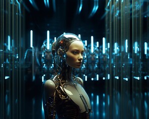 Female Cyborg in Futuristic Technological Environment