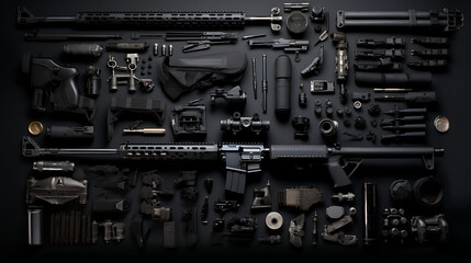 An arsenal of weapons, arranged in a strategic and organized manner.