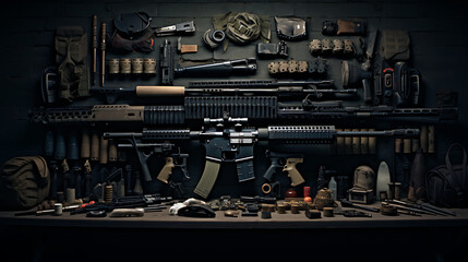 An arsenal of weapons, arranged in a strategic and organized manner. - obrazy, fototapety, plakaty