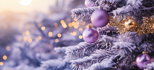 close up Christmas tree in winter snow fall evening decorated with gold and purple Christmas...