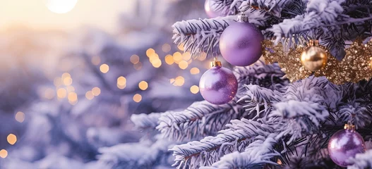  close up Christmas tree in winter snow fall evening decorated with gold and purple Christmas globes, Xmas and new year background wallpaper, Generative Ai © QuietWord