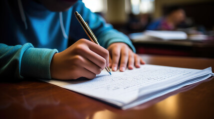 A person's hand is seen writing notes with a pen on a piece of paper, suggesting a moment of study or work at a desk.