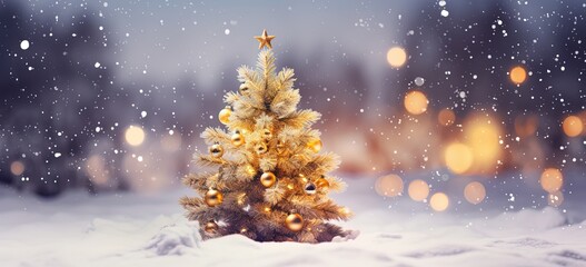 Christmas tree in winter snow fall evening decorated with gold Christmas globes, Xmas and new year background wallpaper, Generative Ai