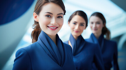 A group of professional flight attendants in blue uniforms, lined up - obrazy, fototapety, plakaty