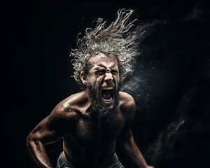 Obraz premium Wild-Haired Man Screaming with Intense Fury
