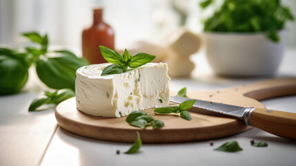 A round piece of fresh white cheese on a wooden board, accompanied by green basil leaves.