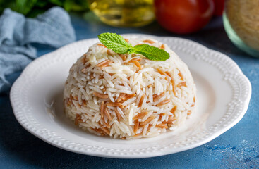 Traditional delicious Turkish food; Turkish style rice pilaf (Turkish name; Arpa sehriyeli pirinc...