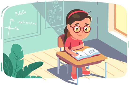 Student girl kid studying sitting at classroom school desk. Child character learning at lesson or doing homework writing in exercise book. Education, knowledge. Class room flat vector illustration