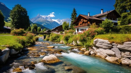 Photo of beautiful summer landscape with river stream and houses
