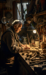 Elderly Craftsman at Work in Woodshop. Generative ai.