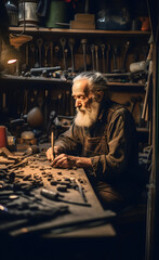Obraz na płótnie Canvas Elderly Craftsman at Work in Woodshop. Generative ai.