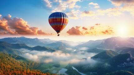 beautiful paradise landscape with colorful hot air balloon flying in the sunrays sky, travel destination