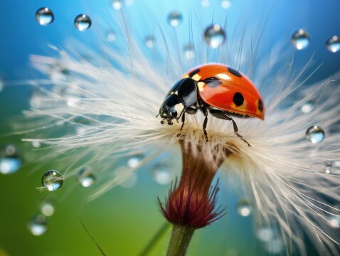 macro photo of beautiful ladybird on a dandelion seed macro.