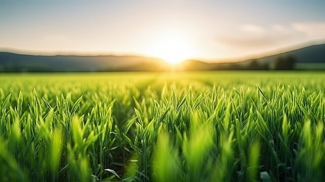 Beautiful green field of Cereal sprouts close-up in the morning in sunlight landscape, panoramic view.